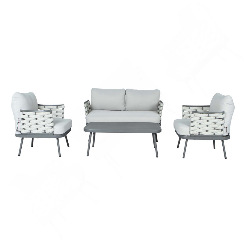 Ensemble de conversation 4 pièces Mariano Steel - 1 causeuse + 2 chaises + table, Gray Cushion/Gray Frame