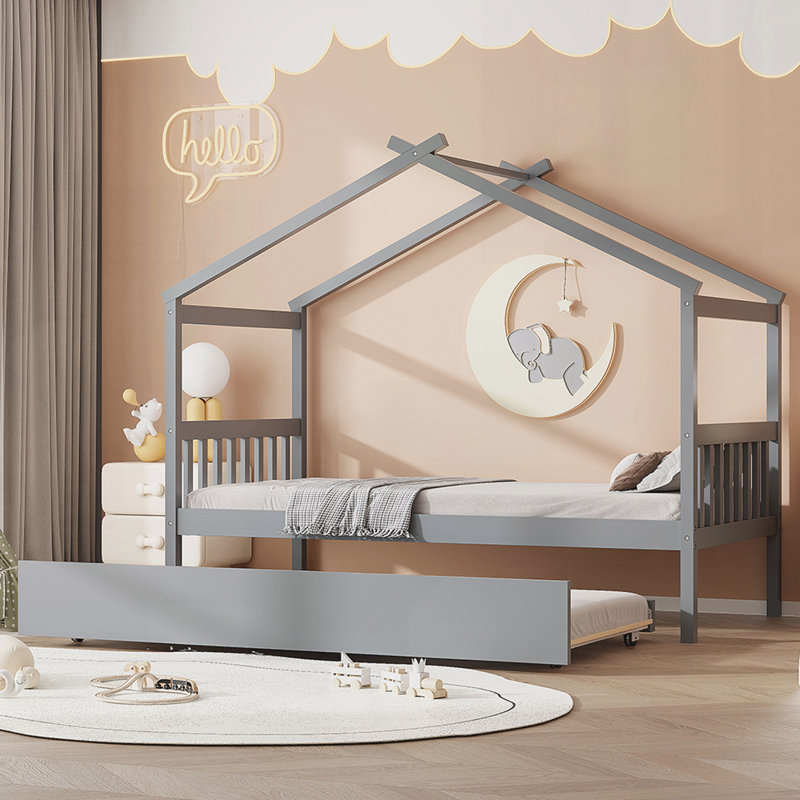 Lit gigogne en bois, gris, Simple
