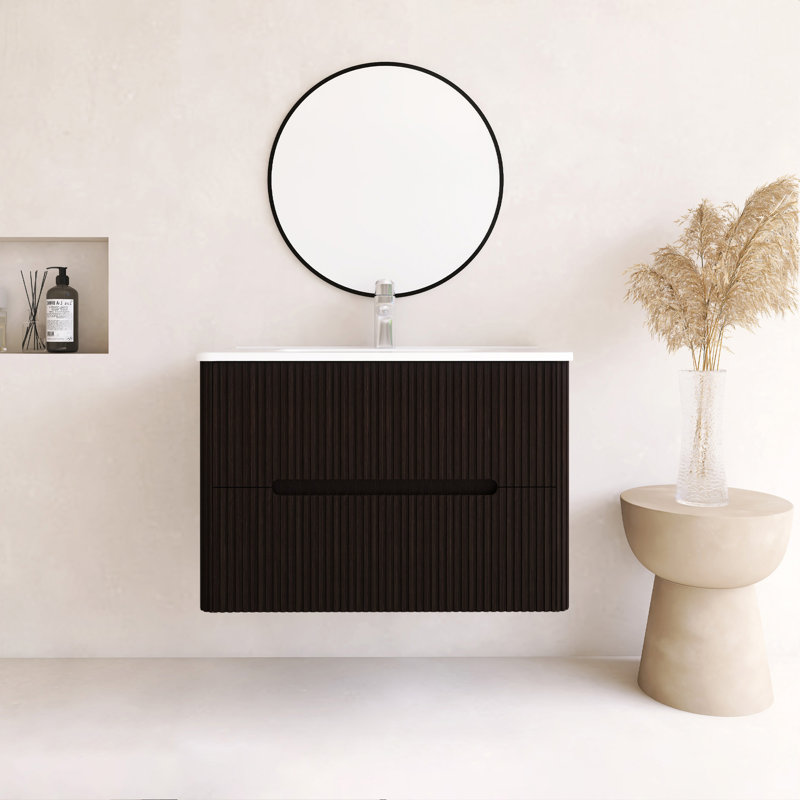 Ensemble de meuble-lavabo mural 30 po avec comptoir intégré en céramique, Marron foncé