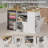 Modern Wooden Kitchen Island with Drop Leaf, Built-in Power Outlets, Mini Fridge Space, and Trash Bin Cabinet for Small Kitchens & Coffee Bars
