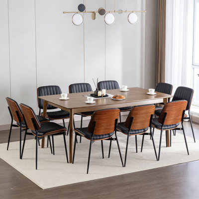 Ensemble de 8 chaises de salle à manger de style Mid-Century gris rétro en similicuir avec dossier en bois de noyer et dossier rembourré