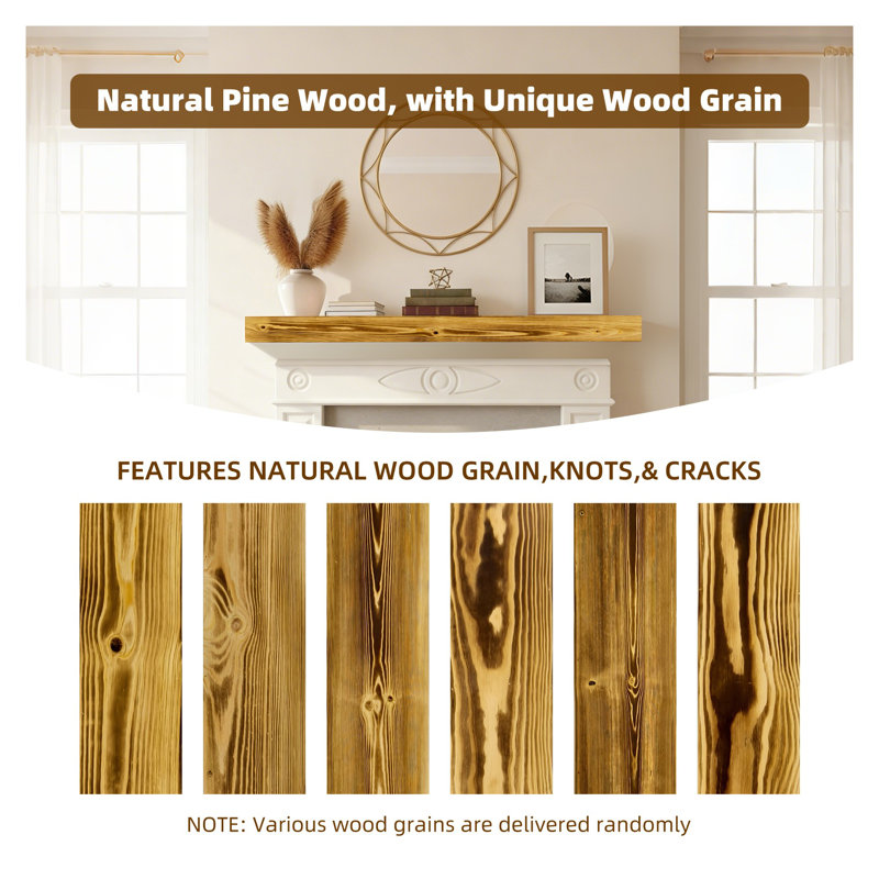 60 Inch Solid Wood Fireplace Mantel, Rustic Wall Mounted Floating Shelf with Invisible Brackets, Mid-Century Modern Living Room Decor, Natural Wood & Caramel Finish