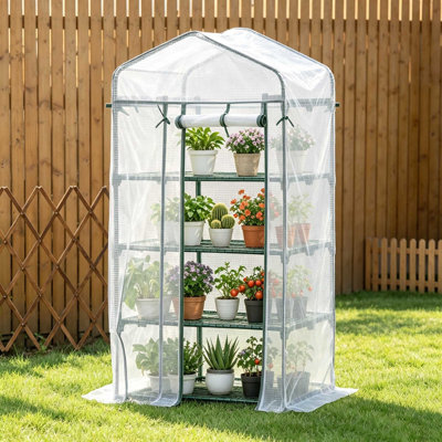 4-Tier Portable Mini Greenhouse Steel Frame PE Cover Roll-Up Door 160×70×50cm White