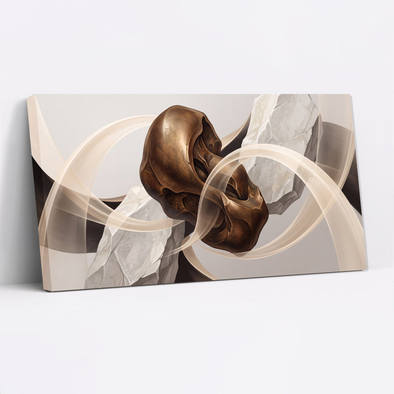 Art mural sur toile, crâne en bronze et rubans beiges avec cristaux blancs, L 46 po x H 24 po