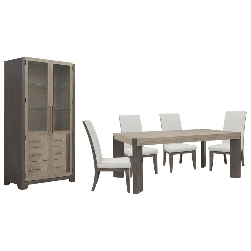 Table de salle à manger à pieds Inzillo avec 4 chaises d'appoint rembourrées et vaisselier
