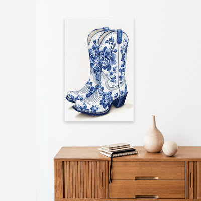 Blue Toile Boots II - Contemporary Floral Cowboy Boots Blue And White Porcelain Style Intricate Floral Pattern Art