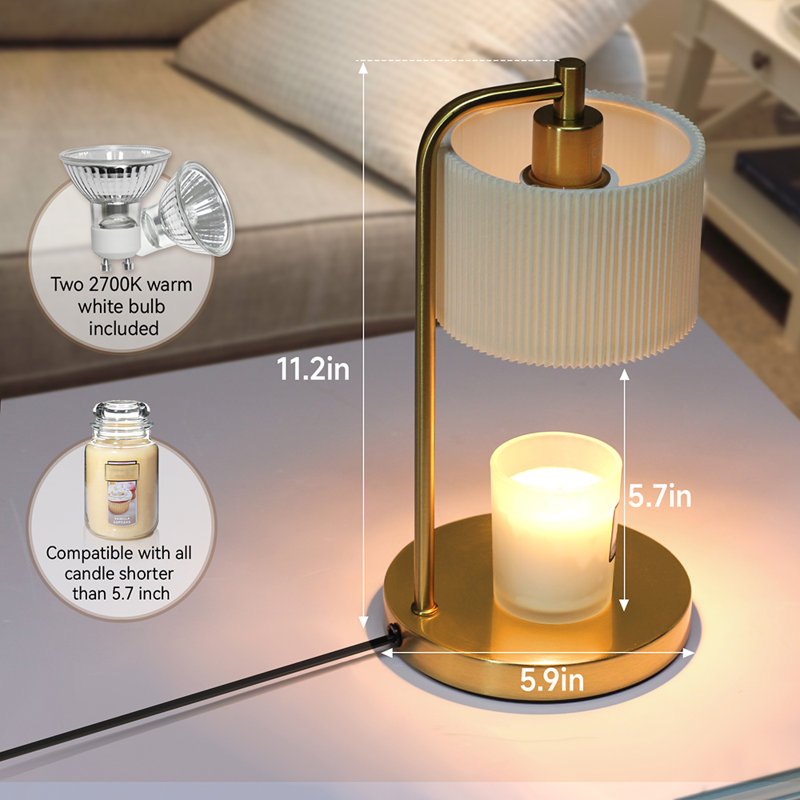 Candle Warmer Lamp with Timer, Dimmable Candle Wax Warmer Candle Lamp with two Bulbs, White Fabric Shade, Gold