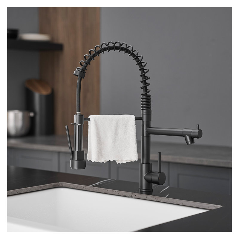 Robinet de cuisine de style commercial avec pulvérisateur rétractable et distributeur de savon, acier inoxydable noir
