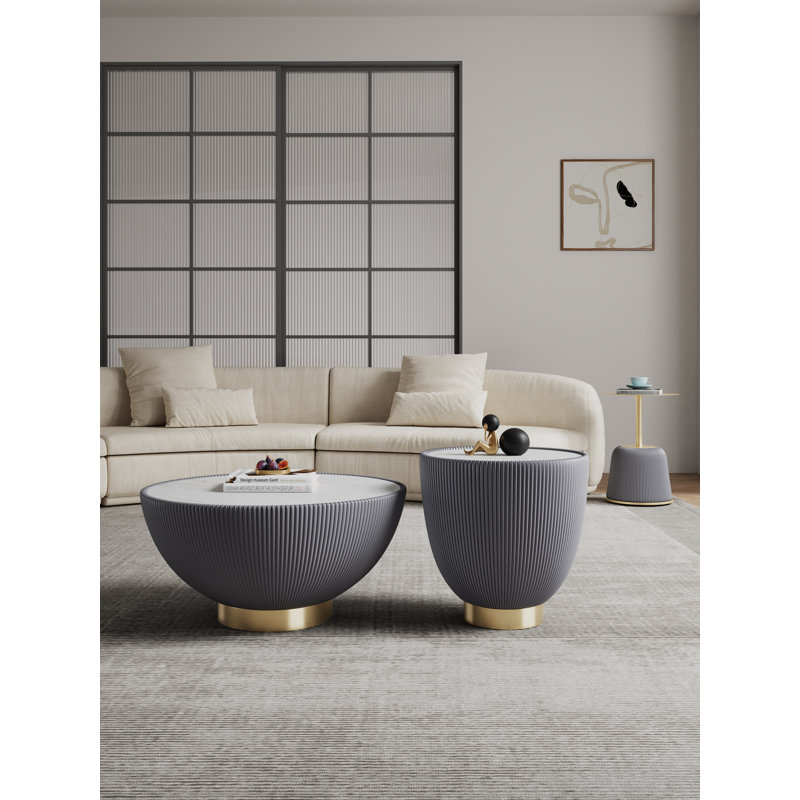 Ensemble de table de salon moderne 3 pièces avec base en acier inoxydable recouvert de cuir végétalien gris Anderson, Gris