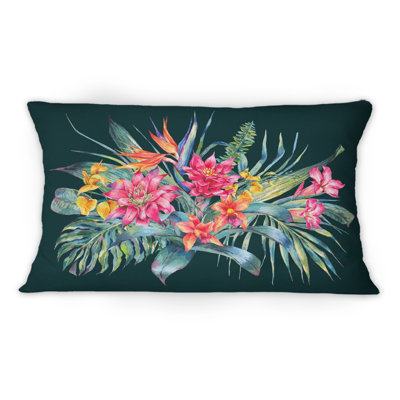 Red And Orange Tropical Flower On Black III -1 Tropical Printed Throw Pillow