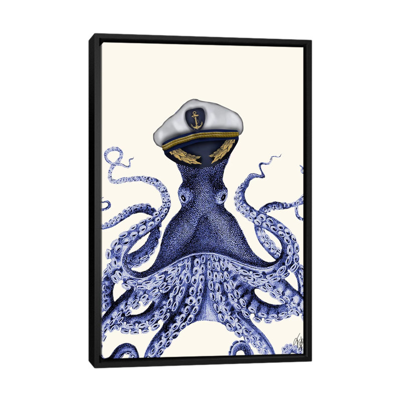 « capitaine octopus », impression sur toile tendue, H 26 po x l 18 po x P 1,5 po, Toile avec cadre noir, Pas de tapis