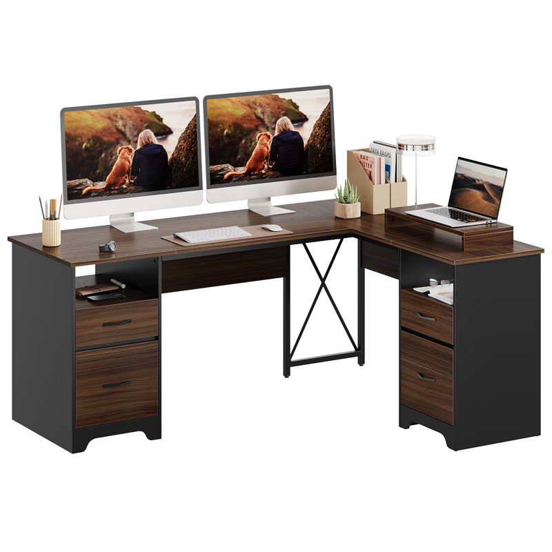 Daymen 63" W L-Shaped Desk with Filing Drawer, Brown/Black