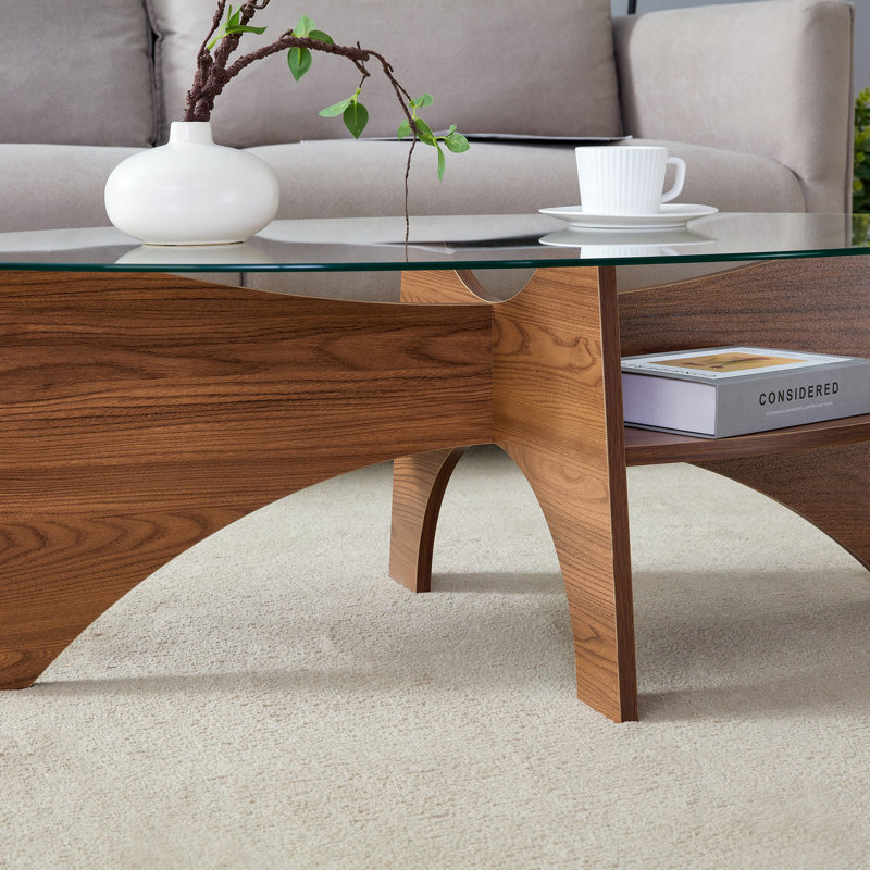 Table basse ovale en verre trempé, Noyer