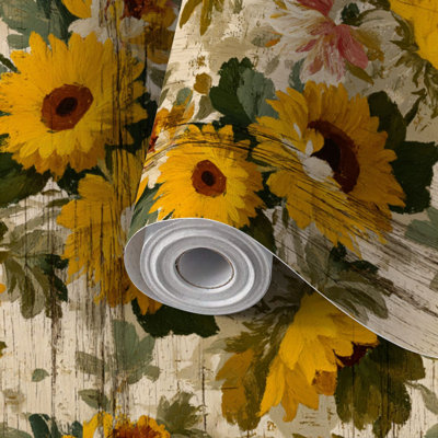 Papier peint auto-adhésif à motif de tournesol de style campagnard à motif de bois vieilli auto-adhésif et amovible 24 po x 118 po (60 x 300 cm)
