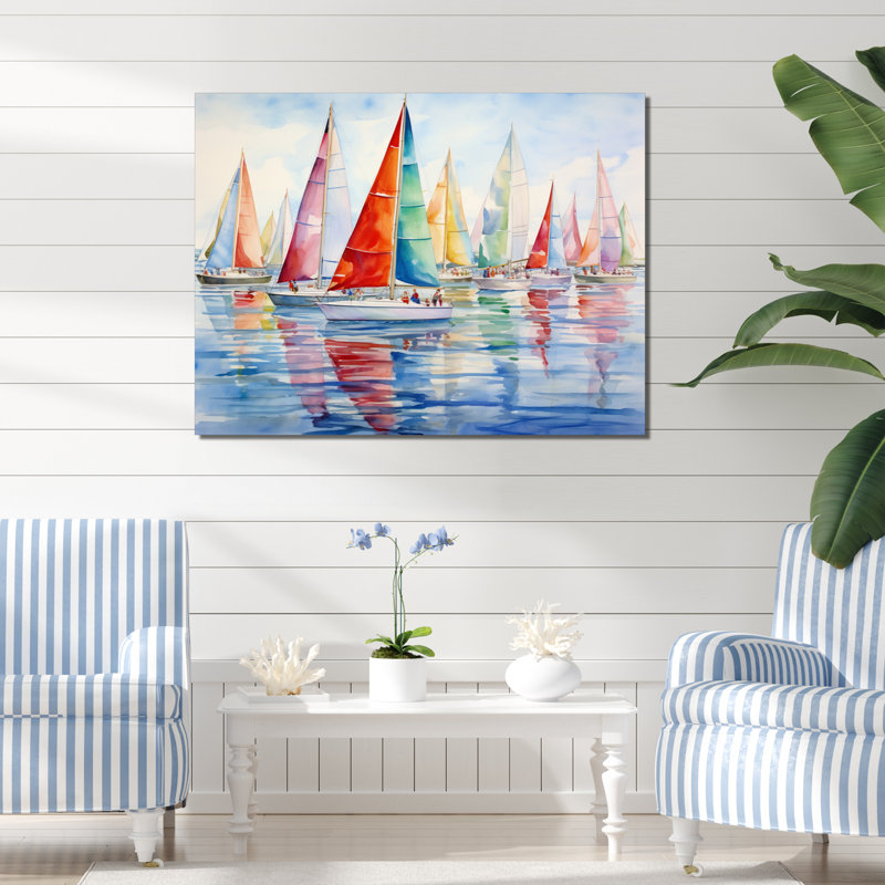 «Miminimlaism Watercolor Regatta III - Bateau à voile, art mural», H 16 po x l 32 po x P 1 po, Toile tendue