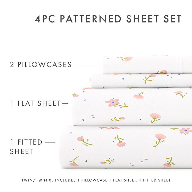 Soft Floral Pattern 4 Piece Microfiber Sheet Set, Cal.King Sheet Set + 1 Fitted Sheet + 2 Pillowcase, Pink