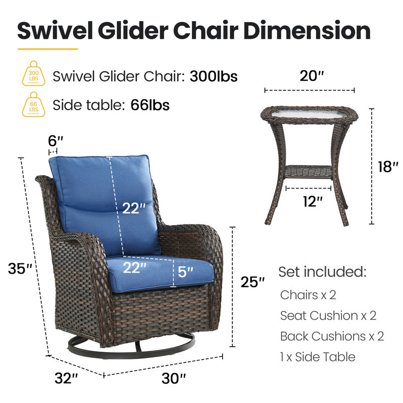 Outdoor Wicker Swivel Glider Chairs Set With 5" Cushions And Side Table, Blue, Brown