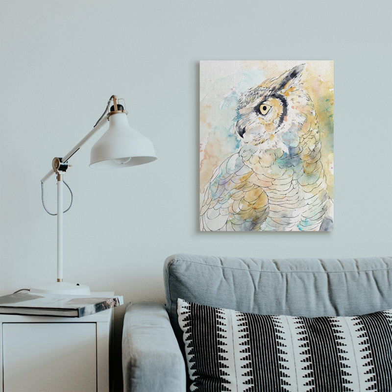 Chouette, œil de côté, aquarelle, Toile tendue, H 30 po x l 24 po