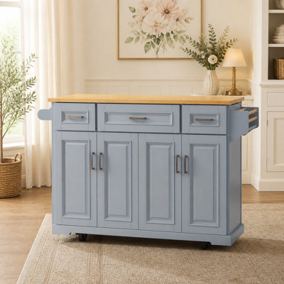 54.1" Wide Rolling Kitchen Island with Embossed Panels and Drop Leaf, Grey+Blue