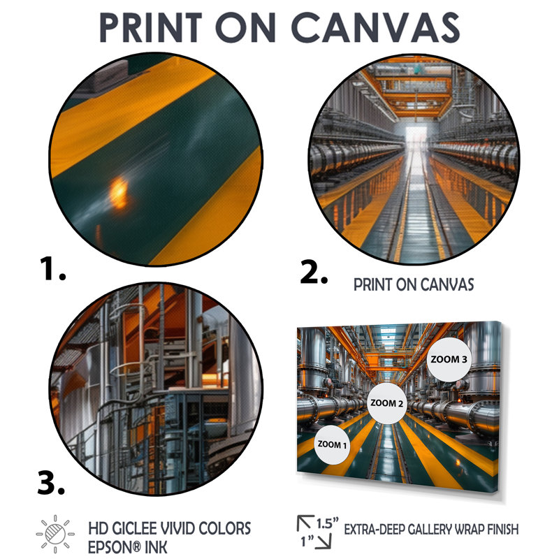 Tuyau industriel jaune, gris, industriel et monochrome, Toile avec cadre flottant brun, H 28 po x l 60 po x P 1,5 po
