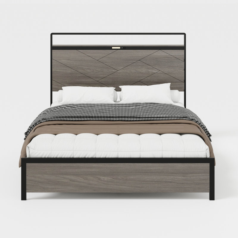 Bed Frame Queen Size With Led Headboard, 2 Charging, Antique Grey Color, Metal And Wood Design, Under - Storage, Stable Lights Ports, Storage Drawers, Bed, Grey, Modern Retro Fusion