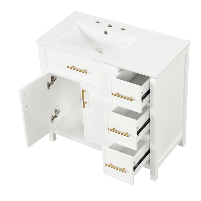 Meuble-lavabo 36 po avec comptoir d'évier, deux portes et trois tiroirs, bois massif, panneaux de fibres à densité moyenne,