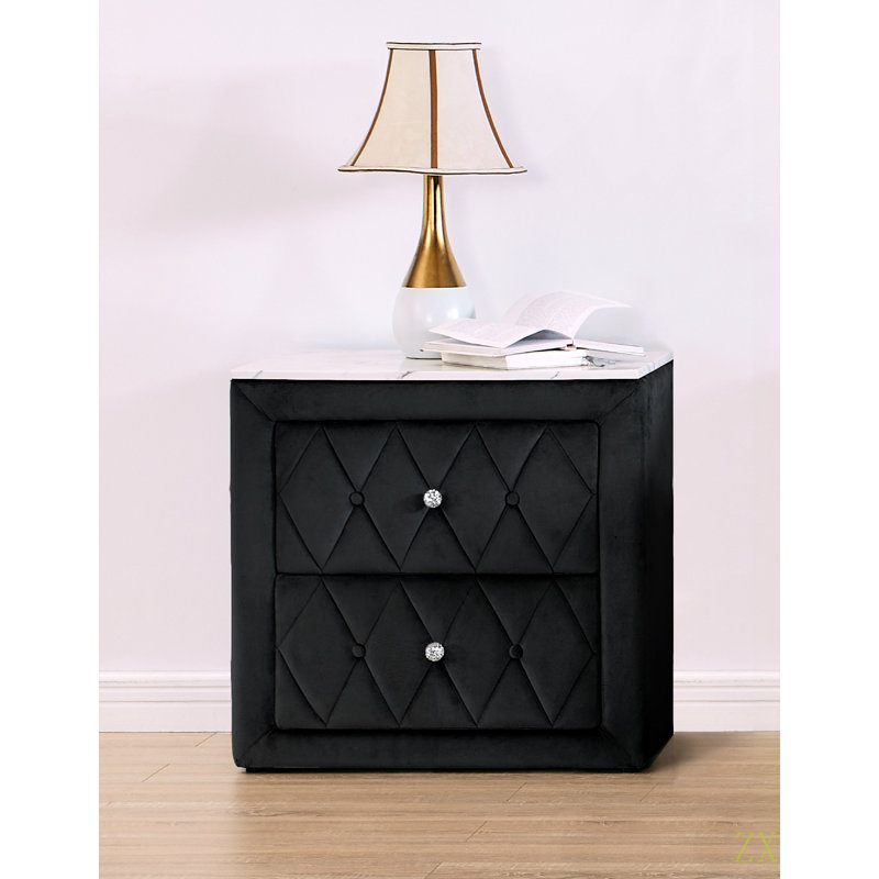 1pièce table de chevet en faux marbre à 2 tiroirs avec boutons de finition capitonnés