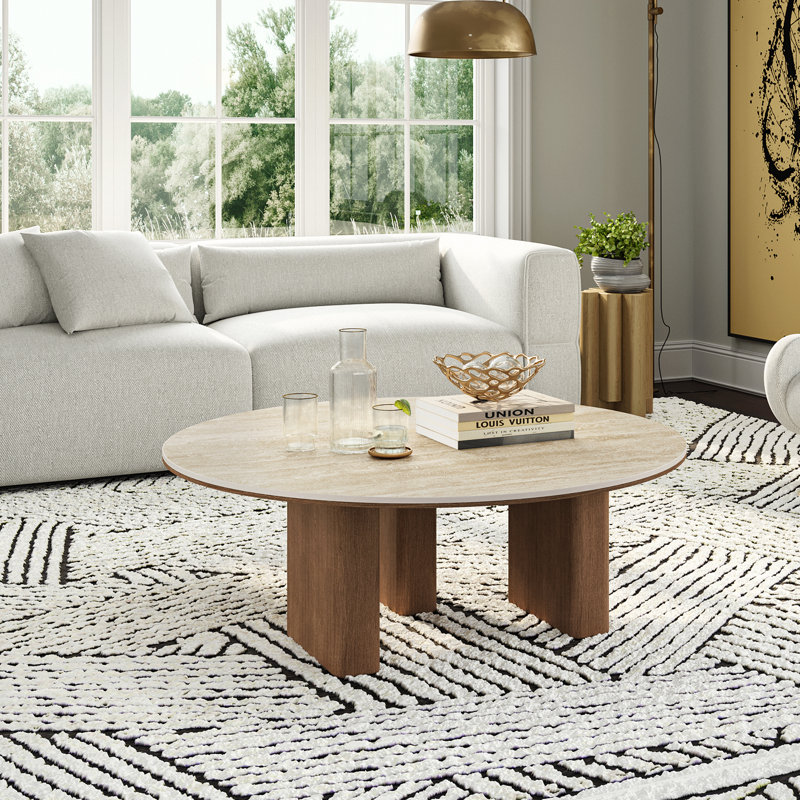 36'' Round Coffee Table With Three Legs, Mid Century Modern Coffee Table With Travertine Stone Tabletop