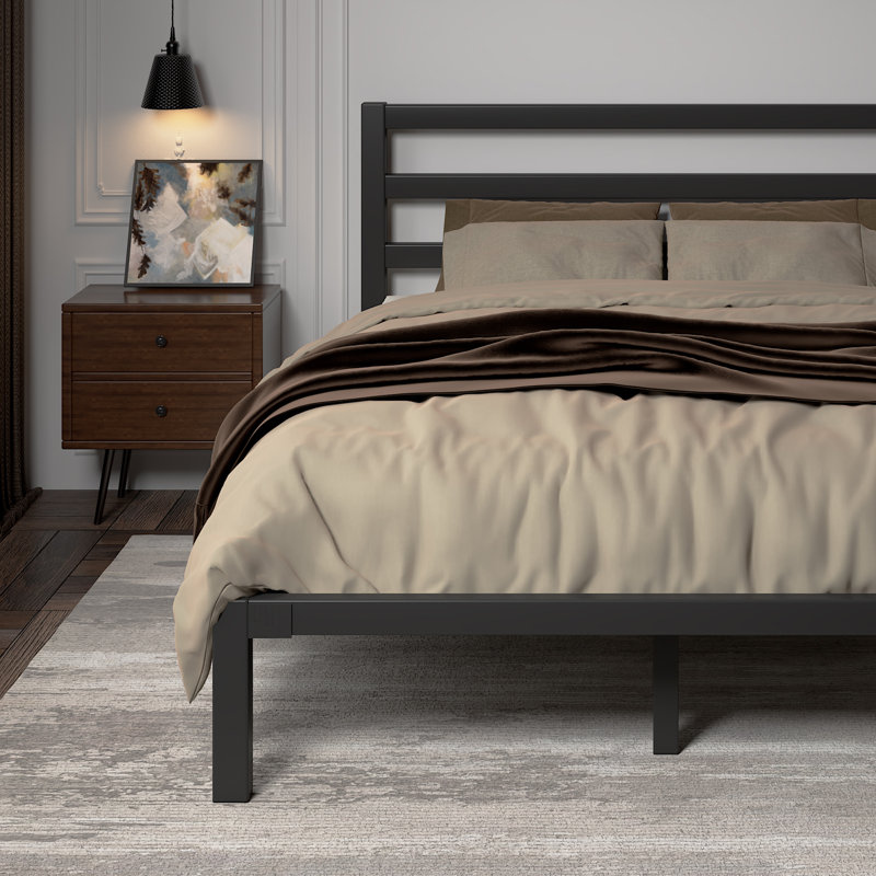 17 Stories Metal Platform Bed with Vintage Steel Headboard, Underbed Storage, No Box Spring Needed, Queen, Black