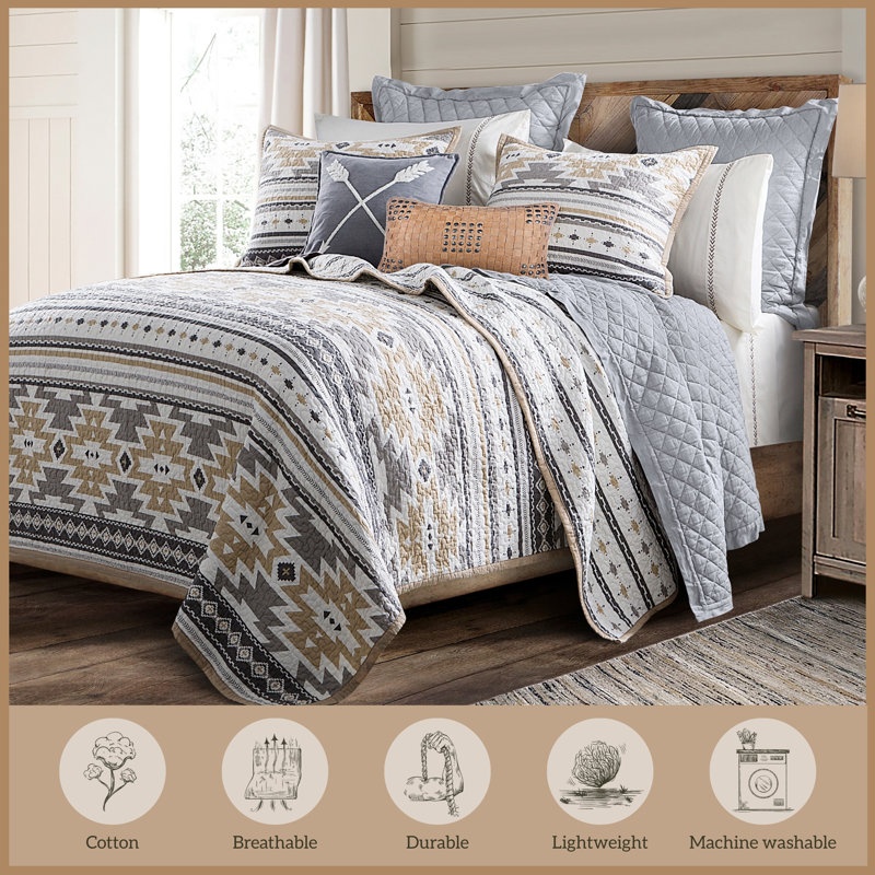 Ensemble de courtepointe réversible en coton à motif aztèque Desert, Courtepointe très grand + 2 très grandes taies d