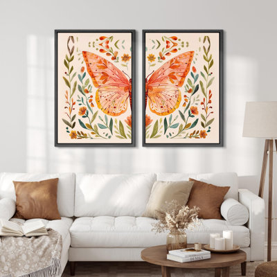 " Whimsical Butterfly And Florals Colorful Nature " 2 - Pieces on Canvas