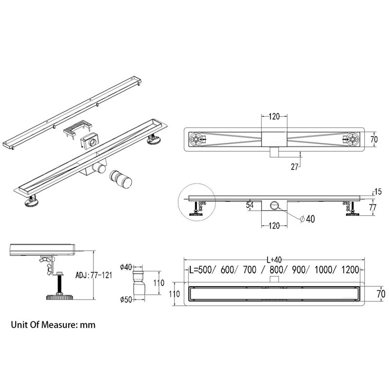 Linear Shower Mallon Stainless Steel Bathroom Wetroom Channel Waste Trap 50-90Cm