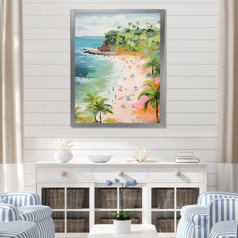 Scène de plage côtière, paradis en couleur pastel IV - plage, art mural, Cadre simple argenté, H 32 po x l 16 po x P 1 po