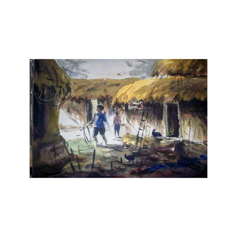 Vie de village | Aquarelle sur papier | Par Dipu Das | Décoration murale