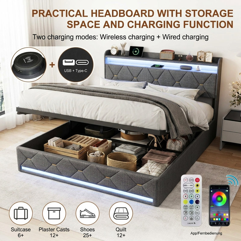 EU Double & King Linen Ottoman Bed with Wireless Charging & Dual LED, Tufted Wingback Storage Headboard, 140/160x200cm, Grey