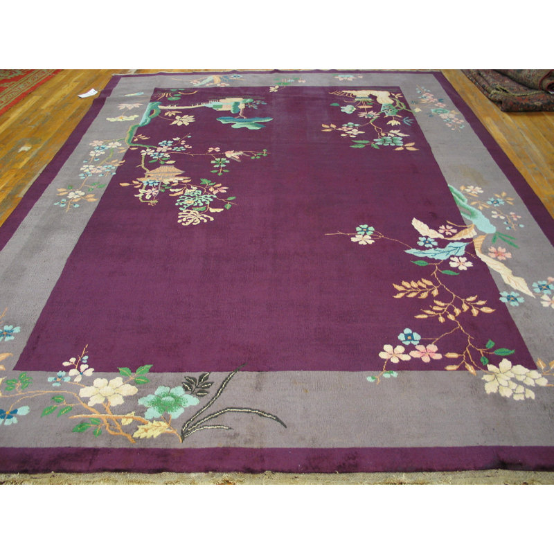 Antique Floral Wool Hand Knotted Pile Purple / Lavender Mauve 1920s Rug