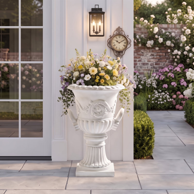 White Classic Roman Pedestal Urn, Decorative Outdoor Flower Planter
