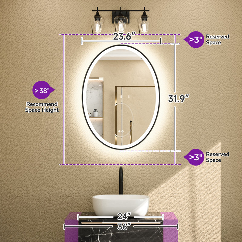 Chatmon Oval Dimmable LED Anti-Fog Bathroom Mirror, 32" x 24", Gold