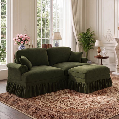 Windsor style large 2-seater modular L-shaped chenille loveseat with ottoman, flared petal arms, detachable ruffled pleated skirts & spindle legs