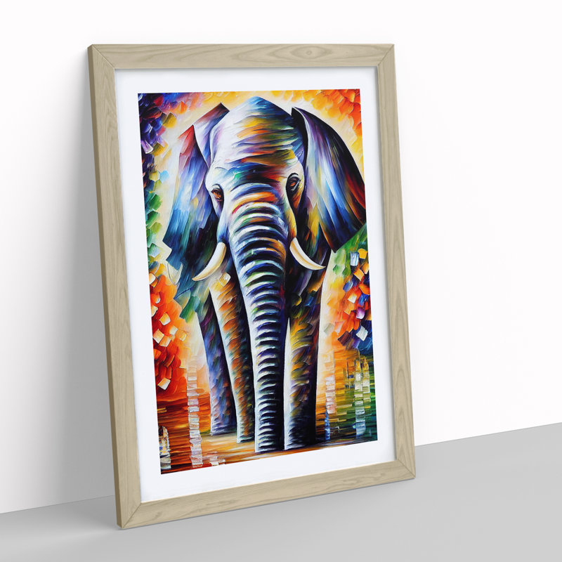Colourful Elephant No.3 - Wall Art, 66cm H x 48cm W x 2cm D, Oak Framed, White
