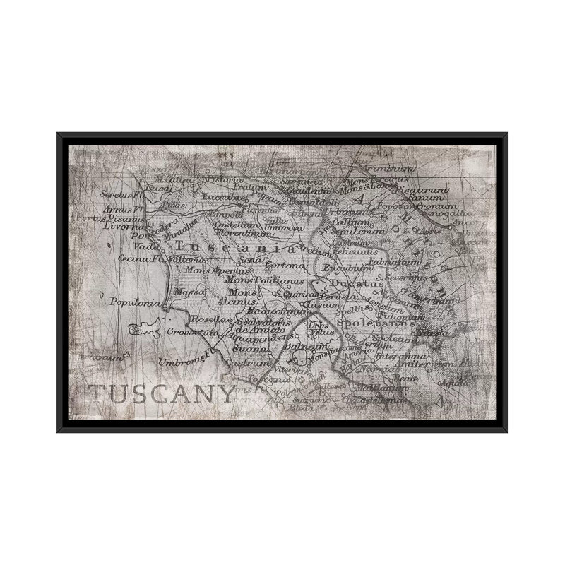 « tuscany map white », reproduction d’impression sur toile, H 18 po x l 26 po x P 1,5 po, Toile avec cadre noir, Pas de tapis