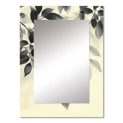 Black Beige Leaves Gentle Breeze III - Leaves Decorative Mirror, Traditional Wall Mirror, Printed Metal Art