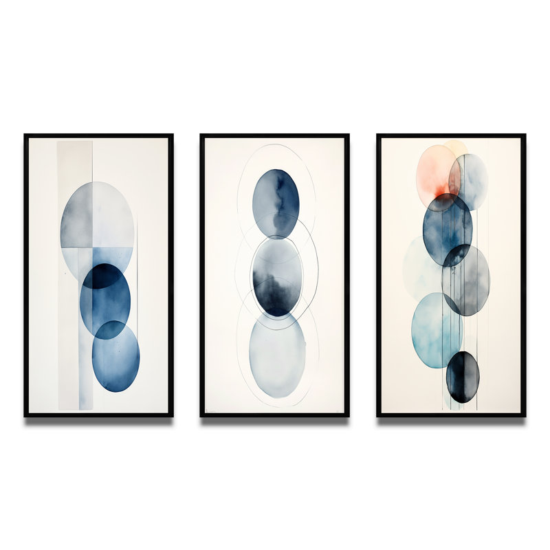 «Essential Circles Retro Blue Watercolor», 3 pièces sur toile, H 20 po x l 36 po, Cadre flottant noir