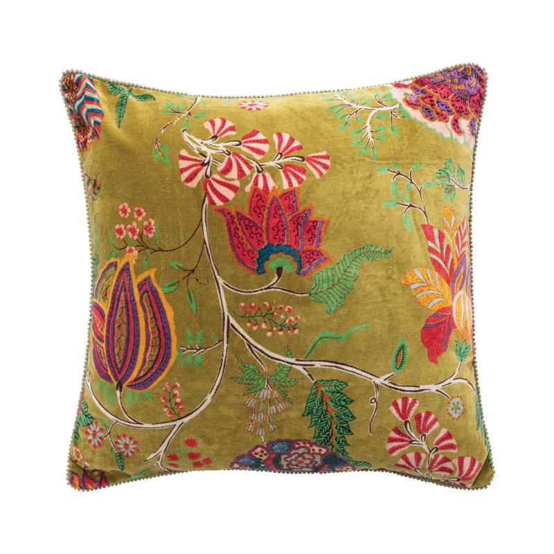 Cotton Blend Velvet Printed Pillow With Flowers And Mini Pom Pom Trim