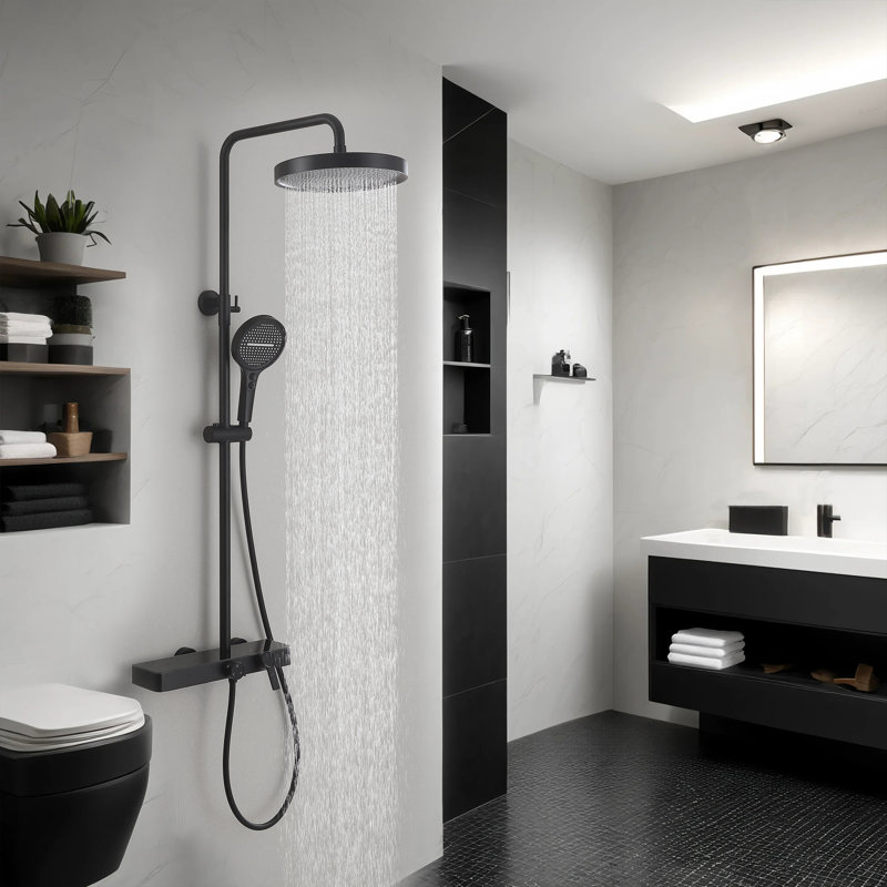 Ensemble de système de douche à 3 fonctions avec pomme de douche à effet pluie, douchette à main et bec de baignoire