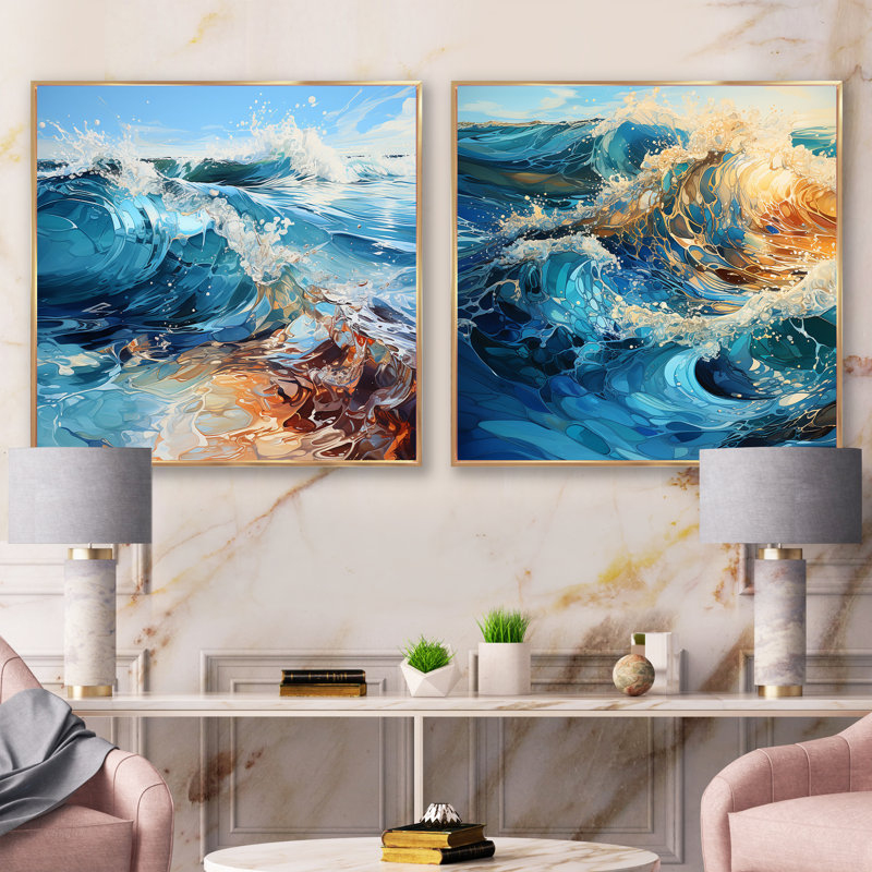 «Ocean Charm», ensemble de 2 collages carrés vifs, Cadre flottant doré, H 16 po x l 33 po