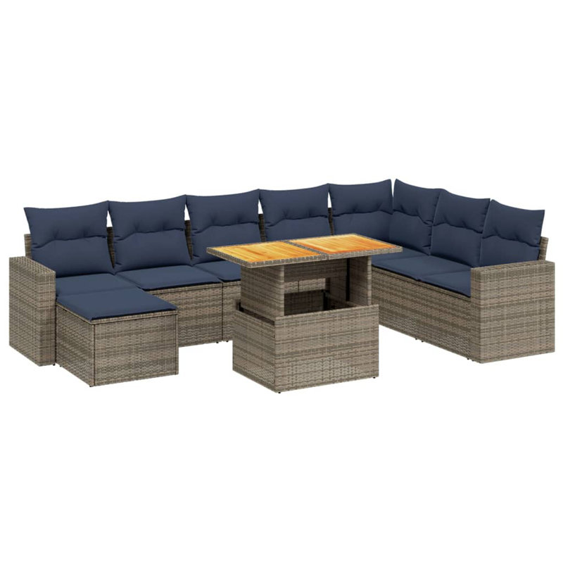  Ensemble de canapé de patio 9 pièces avec coussins en rotin de polyester, Gris, Bleu