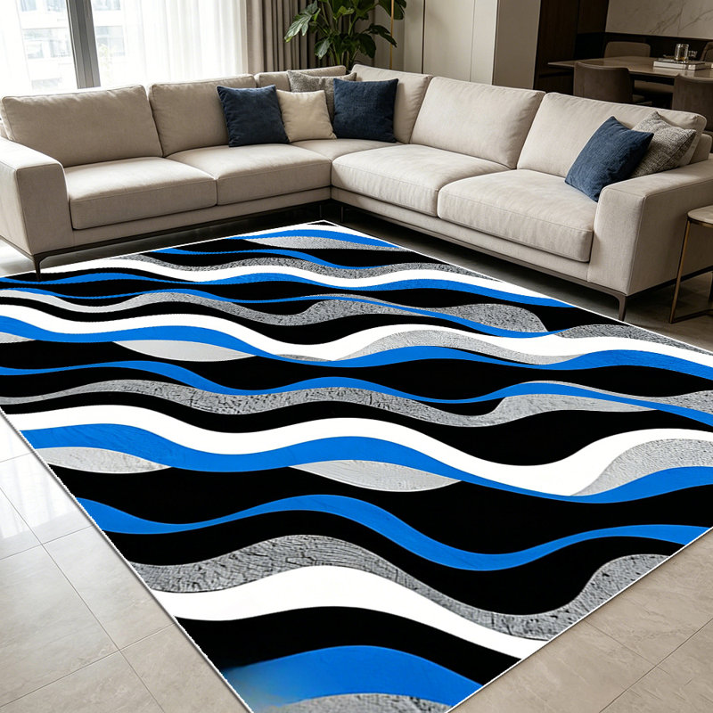 1PC Blue Black White Gray Wavy Geometric Striped area rugs for Living Room, Soft and Comfortable, Suitable for all seasons, easy-to-maintain, machine washable Indoor floor mat, Under Table Farmhouse suitable for living room, dining table, bedroom,