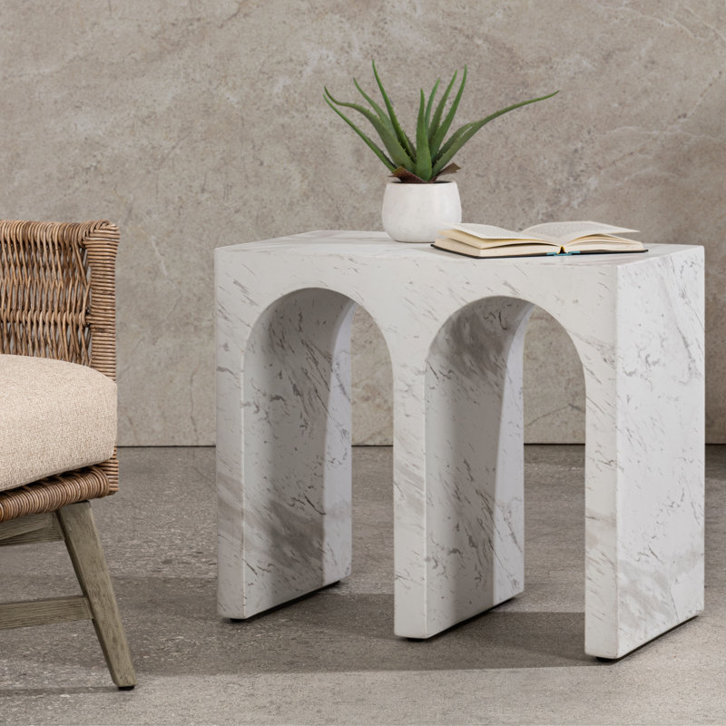 Marmo Outdoor Stone End Table In Ivory