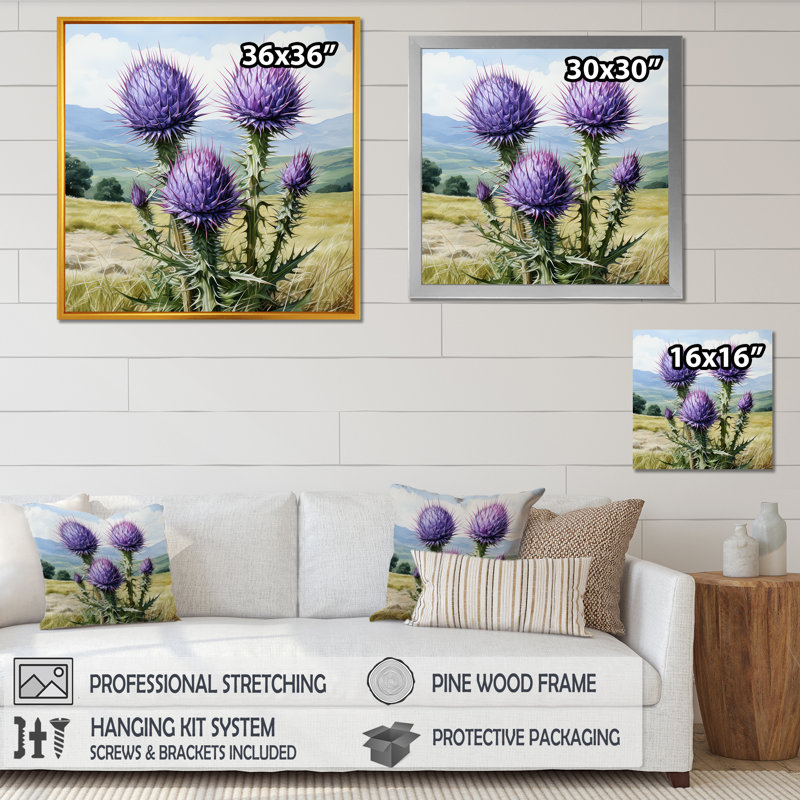 Champ de fleurs de chardon mauve - chardon, art mural, Brun, H 30 po x l 30 po